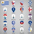 Nineteen flags the Departments of Uruguay - alphabetical order with name. Set of 2d geolocation signs like flags Departments of